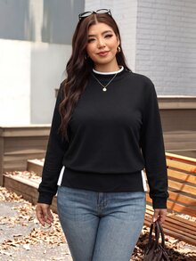 SHEIN BASICS Plus Size Black Mock Neck Long Sleeve Tunic Top With Side Button Detail Casual Loose Fit Shirt Fall/Winter Warmth - Black - View 9