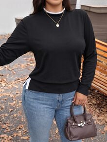 SHEIN BASICS Plus Size Black Mock Neck Long Sleeve Tunic Top With Side Button Detail Casual Loose Fit Shirt Fall/Winter Warmth - Black - View 2