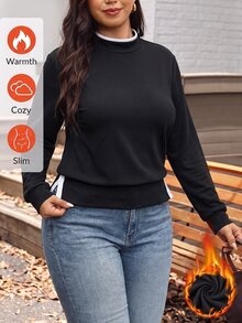 SHEIN BASICS Plus Size Black Mock Neck Long Sleeve Tunic Top With Side Button Detail Casual Loose Fit Shirt Fall/Winter Warmth - Black - View 1