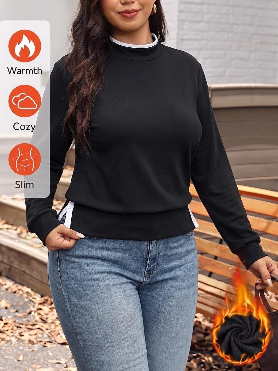 SHEIN BASICS Plus Size Black Mock Neck Long Sleeve Tunic Top With Side Button Detail Casual Loose Fit Shirt Fall/Winter Warmth - Black - View 1
