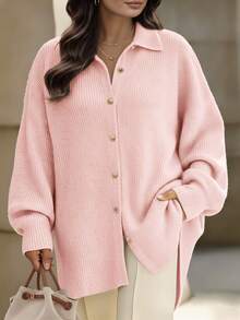 SHEIN LUNE CURVE 大尺碼女款休閒秋冬中長版開襟衫，翻領、單排金屬手工縫製鈕扣、落肩設計與燈籠袖 - 粉色 - 查看 1