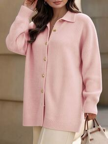 SHEIN LUNE CURVE 大尺碼女款休閒秋冬中長版開襟衫，翻領、單排金屬手工縫製鈕扣、落肩設計與燈籠袖 - 粉色 - 查看 4