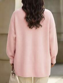 SHEIN LUNE CURVE 大尺碼女款休閒秋冬中長版開襟衫，翻領、單排金屬手工縫製鈕扣、落肩設計與燈籠袖 - 粉色 - 查看 2