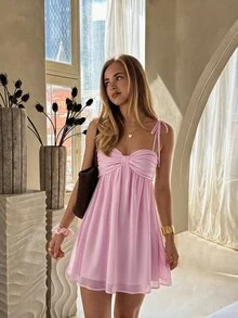 CovetEZ Women's Elegant Pink Spaghetti Strap Mini Dress, Summer - Pink - View 1