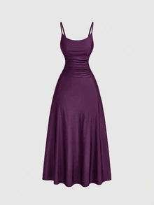 SHEIN MOD Plus Size Women's Solid Color Ruched Waist Flared Hem Spaghetti Strap Dress,Semi Formal Dress,Elegant Tea Party Dress,Flowy Cruise Women Outfits - Violet Purple - View 2
