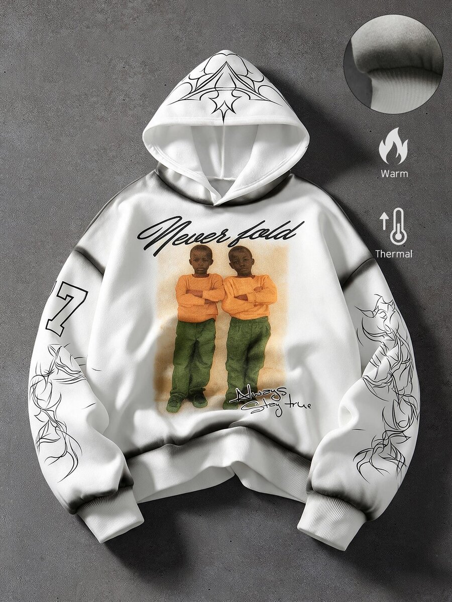 ROMWE MEN Hand-Painted Character Print Loose Hoodie, Street Vintage - White - View 1