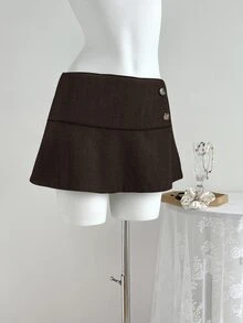 Elamini Saia de Cintura Baixa com Botões em Cor Sólida Estilo Vintage para Mulheres - Chocolate - Visão 3