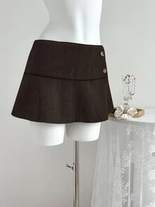 Elamini Saia de Cintura Baixa com Botões em Cor Sólida Estilo Vintage para Mulheres - Chocolate - Visão 6