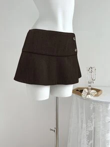 Elamini Saia de Cintura Baixa com Botões em Cor Sólida Estilo Vintage para Mulheres - Chocolate - Visão 7
