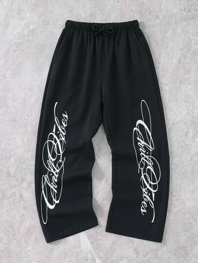 SHEIN Kids Young Boy Casual Daily Comfortable Letter Print Pattern Straight Leg Loose Woven Long Pants, Suitable For Daily Wear, School, Travel, Vacation, Holiday, Party, All Seasons