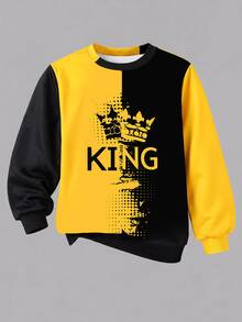 Yellow & Black Contrast Color King Crown Digital Print Casual Fashion Boys Toddler Sweatshirt Top - White - View 2