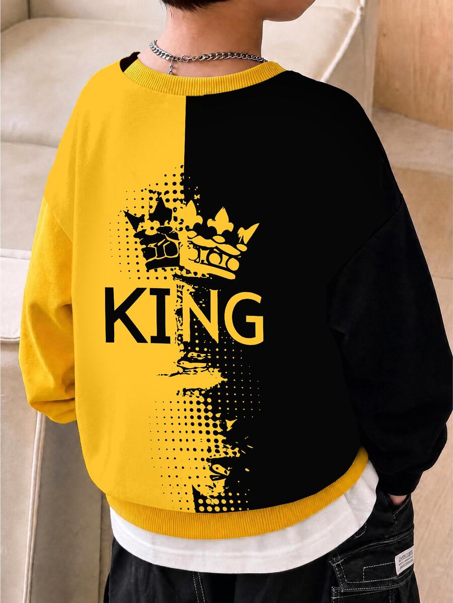Yellow & Black Contrast Color King Crown Digital Print Casual Fashion Boys Toddler Sweatshirt Top - White - View 1