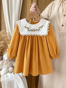 SHEIN Vintaside Kids 女嬰長袖刺繡領時尚優雅洋裝，適合春秋涼爽天氣，戶外活動、露營、公園、散步、旅行、拍照 - 黃色 - 查看 3