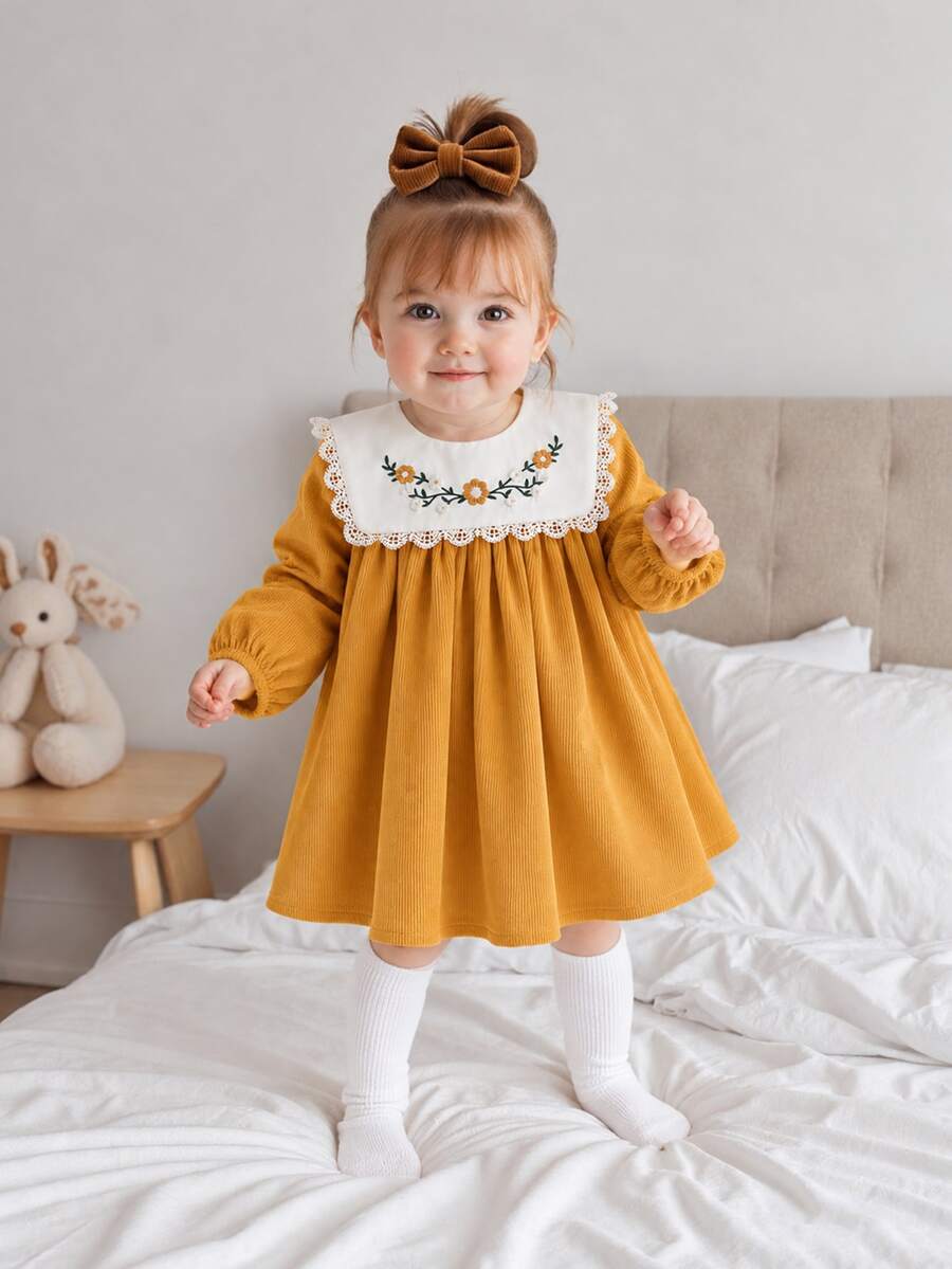 SHEIN Vintaside Kids 女嬰長袖刺繡領時尚優雅洋裝,適合春秋涼爽天氣,戶外活動、露營、公園、散步、旅行、拍照 - 黃色 - 查看 1