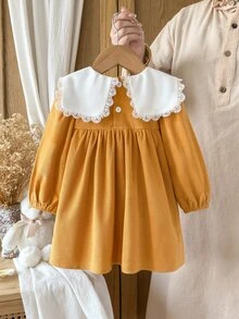 SHEIN Vintaside Kids 女嬰長袖刺繡領時尚優雅洋裝，適合春秋涼爽天氣，戶外活動、露營、公園、散步、旅行、拍照 - 黃色 - 查看 2
