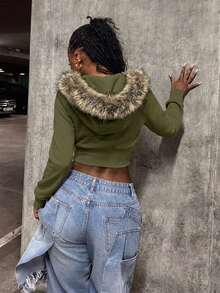 StreetHx 街頭風女款秋季連帽毛領修身長袖夾克外套 - 軍綠色 - 查看 7