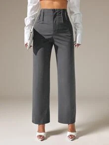SHEIN PETITE Women Casual Solid Color High Waist Straight Leg Trousers Fall Cloth For Women ,Petite Women - Dark Grey - View 1