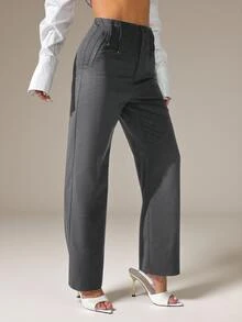 SHEIN PETITE Women Casual Solid Color High Waist Straight Leg Trousers Fall Cloth For Women ,Petite Women - Dark Grey - View 4