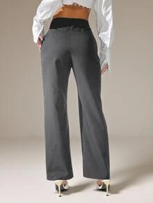 SHEIN PETITE Women Casual Solid Color High Waist Straight Leg Trousers Fall Cloth For Women ,Petite Women - Dark Grey - View 2