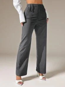 SHEIN PETITE Women Casual Solid Color High Waist Straight Leg Trousers Fall Cloth For Women ,Petite Women - Dark Grey - View 3