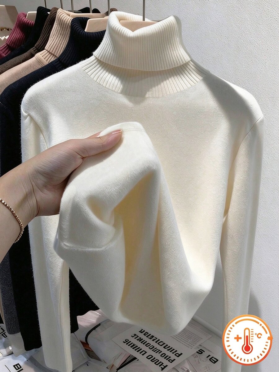 SHEIN Tween Girls Autumn/Winter Thick Warm Casual Basic Daily Wear School Layering High Neck Ribbed Fleece Fabric Solid Color Long School Off-White - White - View 1