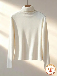 SHEIN Tween Girls Autumn/Winter Thick Warm Casual Basic Daily Wear School Layering High Neck Ribbed Fleece Fabric Solid Color Long School Off-White - White - View 2