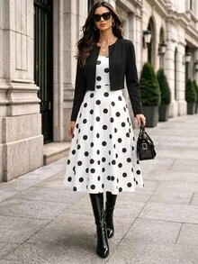 Editum Elegant Vintage Casual 70s Retro Black Black Polka Dot Dress Black Long Sleeve Jacket 2 Pieces Set Office Tea Party Dinner Brunch Brunch Fall/Winter - Black and White - View 2
