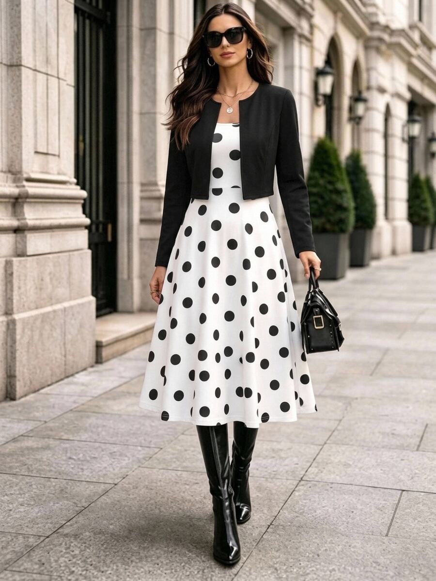 Editum Elegant Vintage Casual 70s Retro Black Black Polka Dot Dress Black Long Sleeve Jacket 2 Pieces Set Office Tea Party Dinner Brunch Brunch Fall/Winter