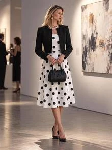 Editum Elegant Vintage Casual 70s Retro Black Black Polka Dot Dress Black Long Sleeve Jacket 2 Pieces Set Office Tea Party Dinner Brunch Brunch Fall/Winter - Black and White - View 4