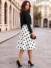 Editum Elegant Vintage Casual 70s Retro Black Black Polka Dot Dress Black Long Sleeve Jacket 2 Pieces Set Office Tea Party Dinner Brunch Brunch Fall/Winter - Black and White - View 5