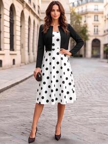 Editum Elegant Vintage Casual 70s Retro Black Black Polka Dot Dress Black Long Sleeve Jacket 2 Pieces Set Office Tea Party Dinner Brunch Brunch Fall/Winter - Black and White - View 9