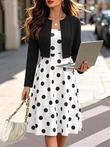 Editum Elegant Vintage Casual 70s Retro Black Black Polka Dot Dress Black Long Sleeve Jacket 2 Pieces Set Office Tea Party Dinner Brunch Brunch Fall/Winter - Black and White - View 6