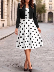 Editum Elegant Vintage Casual 70s Retro Black Black Polka Dot Dress Black Long Sleeve Jacket 2 Pieces Set Office Tea Party Dinner Brunch Brunch Fall/Winter - Black and White - View 8