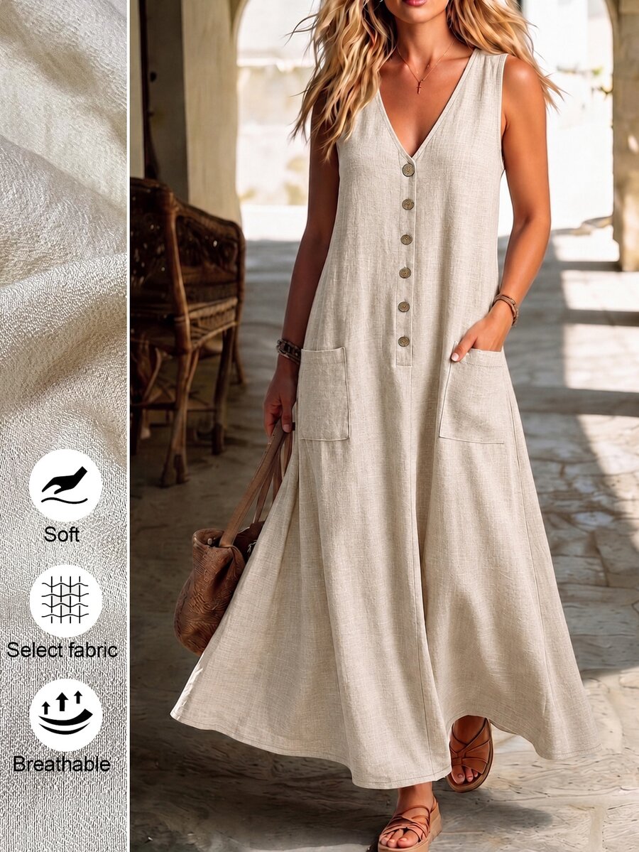 Linhara Plus Size Women's Solid Color Summer Linen-Like V-Neck Sleeveless Fitted A-Line Dress - Apricot - View 1