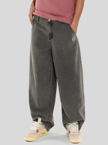 FORM&CHAOS Men's Vintage Oversized Washed 3D Print Grey Denim Jeans Holiday Winter - Grey - View 6