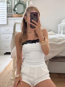 CovetEZ 女士蕾丝撞色修身抹胸上衣 - 白色 - 查看 8