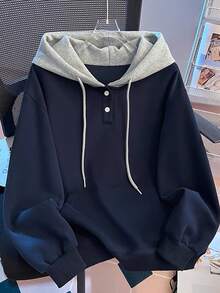 Lalippa Women's Autumn/Winter Lazy Loose Slimming Single-Breasted Design College Style Colorblock Hooded Long Sleeve Sweatshirt - Blue - View 4