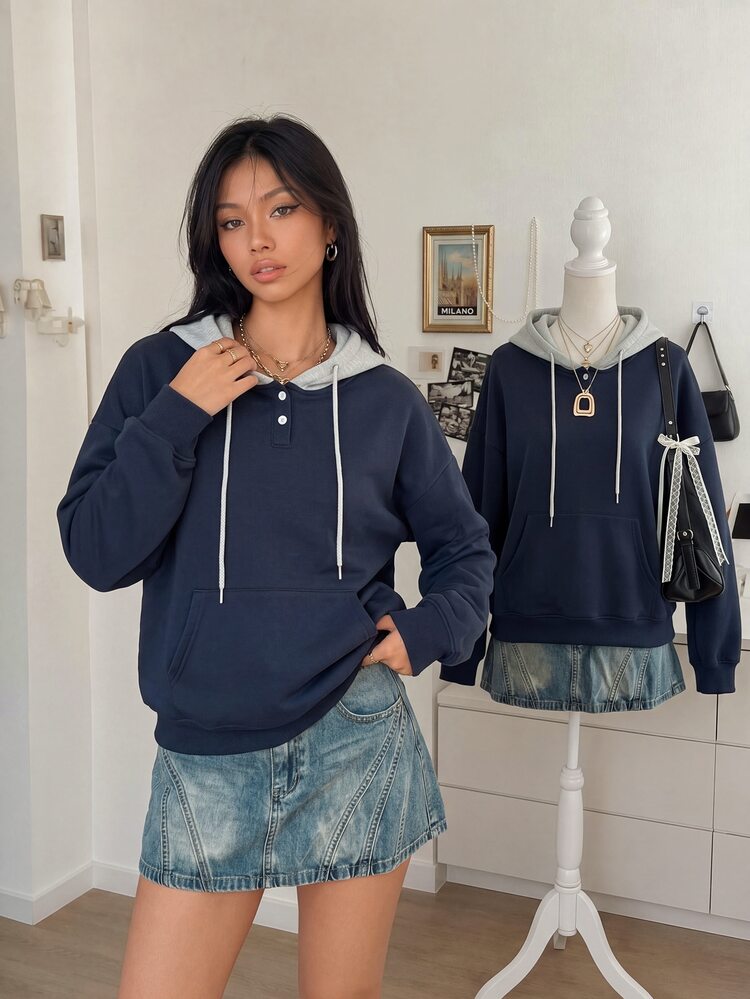 Lalippa 女款秋冬慵懶寬鬆顯瘦單排扣設計學院風拼色連帽長袖衛衣 - 藍色 - 查看 1