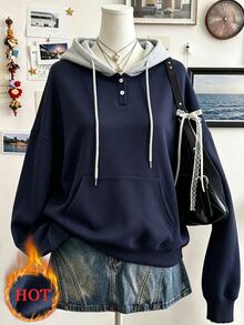 Lalippa Women's Autumn/Winter Lazy Loose Slimming Single-Breasted Design College Style Colorblock Hooded Long Sleeve Sweatshirt - Blue - View 3