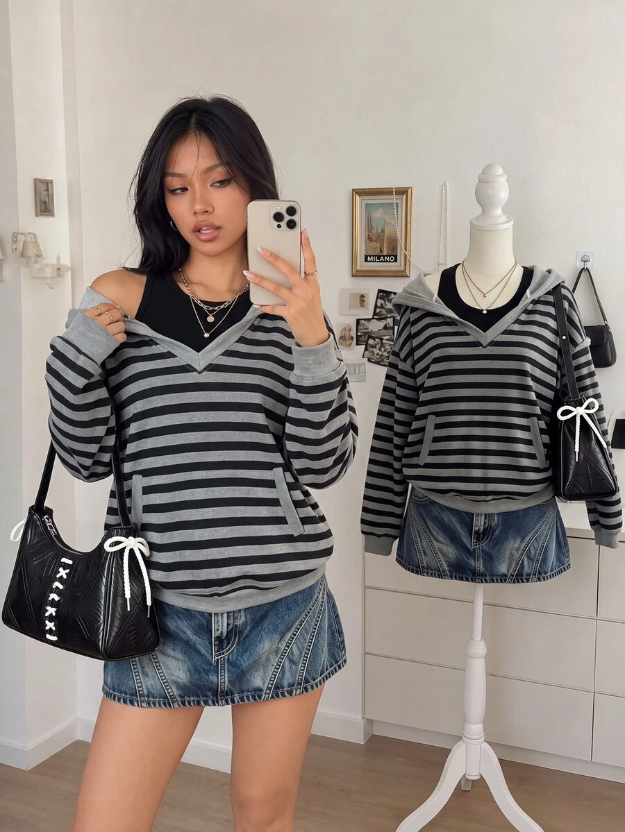 Lalippa Winter Outdoor Top, Women's Hooded Halter Neck Sweatshirt 2 Pieces Set, Classic Striped Print Pattern, Black Grey, Casual Streetwear Everyday School - Multicolor - View 1