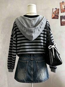 Lalippa Winter Outdoor Top, Women's Hooded Halter Neck Sweatshirt 2 Pieces Set, Classic Striped Print Pattern, Black Grey, Casual Streetwear Everyday School - Multicolor - View 2