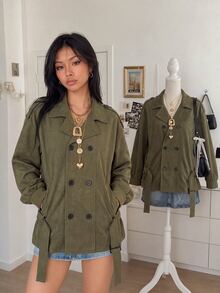 Lalippa Women's Solid Color Dropped Shoulder Long Sleeve Double-Breasted Casual Trench Coat - Army Green - View 1