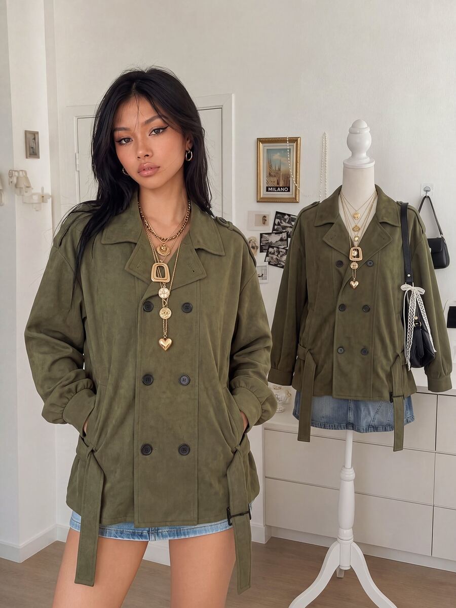 Lalippa Women's Solid Color Dropped Shoulder Long Sleeve Double-Breasted Casual Trench Coat - Army Green - View 1