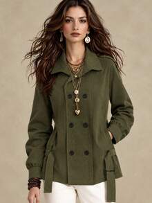 Lalippa Women's Solid Color Dropped Shoulder Long Sleeve Double-Breasted Casual Trench Coat - Army Green - View 3