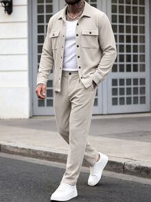 Manfinity Homme 男士成熟休閒街頭風日常度假聚會百搭套裝 米色 秋季 - 杏色 - 查看 3
