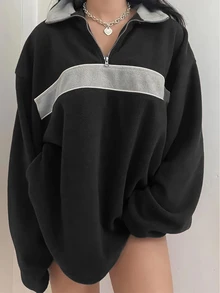 INAWLY Women's Black Color Block Zipper Closure Half Placket Sweatshirt,Long Sleeve Autumn Streetwear School Back-To-School Pullover Fall Graduation Tops - Multicolor - View 3