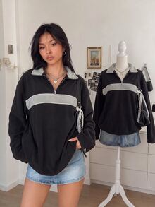 INAWLY Women's Black Color Block Zipper Closure Half Placket Sweatshirt,Long Sleeve Autumn Streetwear School Back-To-School Pullover Fall Graduation Tops - Multicolor - View 1