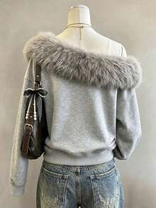 Lalippa Women's Faux Fur Collar Patchwork Asymmetrical Shoulder Long Sleeve Sweatshirt - Grey - View 2
