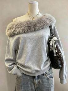Lalippa Women's Faux Fur Collar Patchwork Asymmetrical Shoulder Long Sleeve Sweatshirt - Grey - View 3
