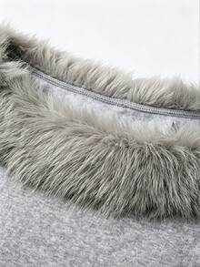 Lalippa Women's Faux Fur Collar Patchwork Asymmetrical Shoulder Long Sleeve Sweatshirt - Grey - View 5